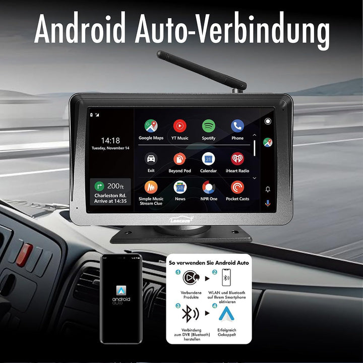 Lescars Auto Zubehör: Kabelloses Solar-Funk-Rückfahrkamera-Set, CarPlay-/Android-Auto-komp. (Abstand