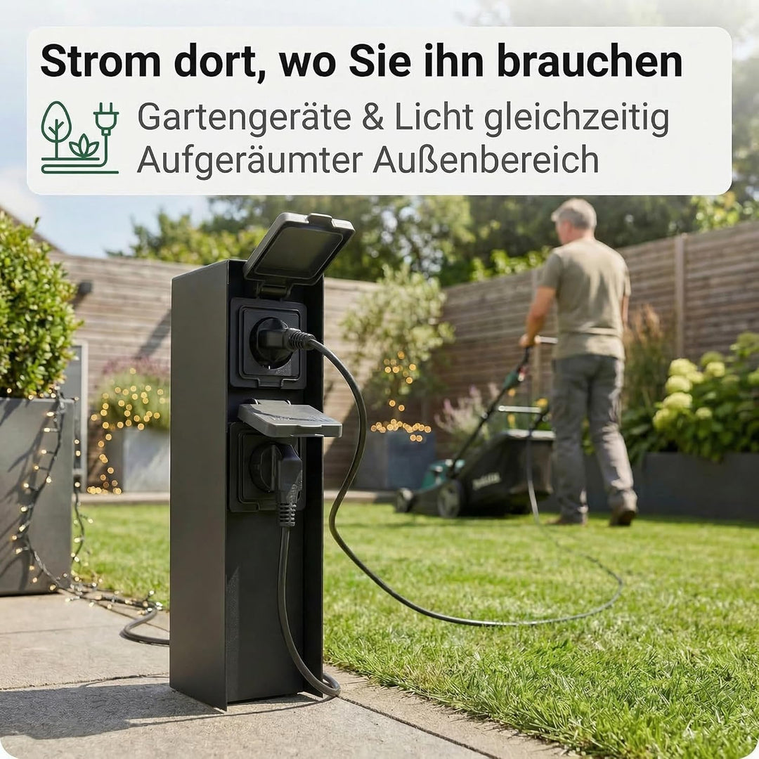 LED Universum Gartensteckdose aus Edelstahl, IP44 für aussen (Schwarz 2-fach), Schwarz 2-fach