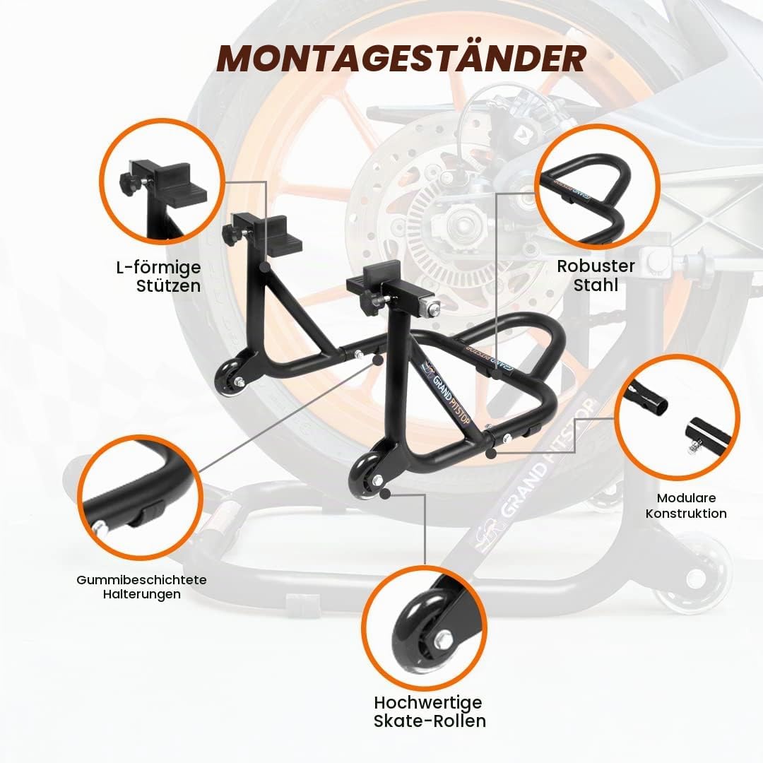 Grand Pitstop Universal Rear Paddock Stand for Bike Attached Skate Wheels with Swingarm Rest (Disman