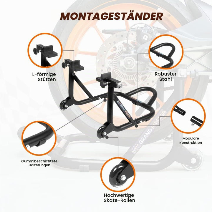 Grand Pitstop Universal Rear Paddock Stand for Bike Attached Skate Wheels with Swingarm Rest (Disman