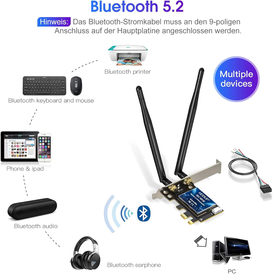 EDUP WiFi 6E Bluetooth 5.2 PCIE WLAN Karte Intel AX210 5400Mbit/s WLAN Netzwerkkarte Adapter, 802.11