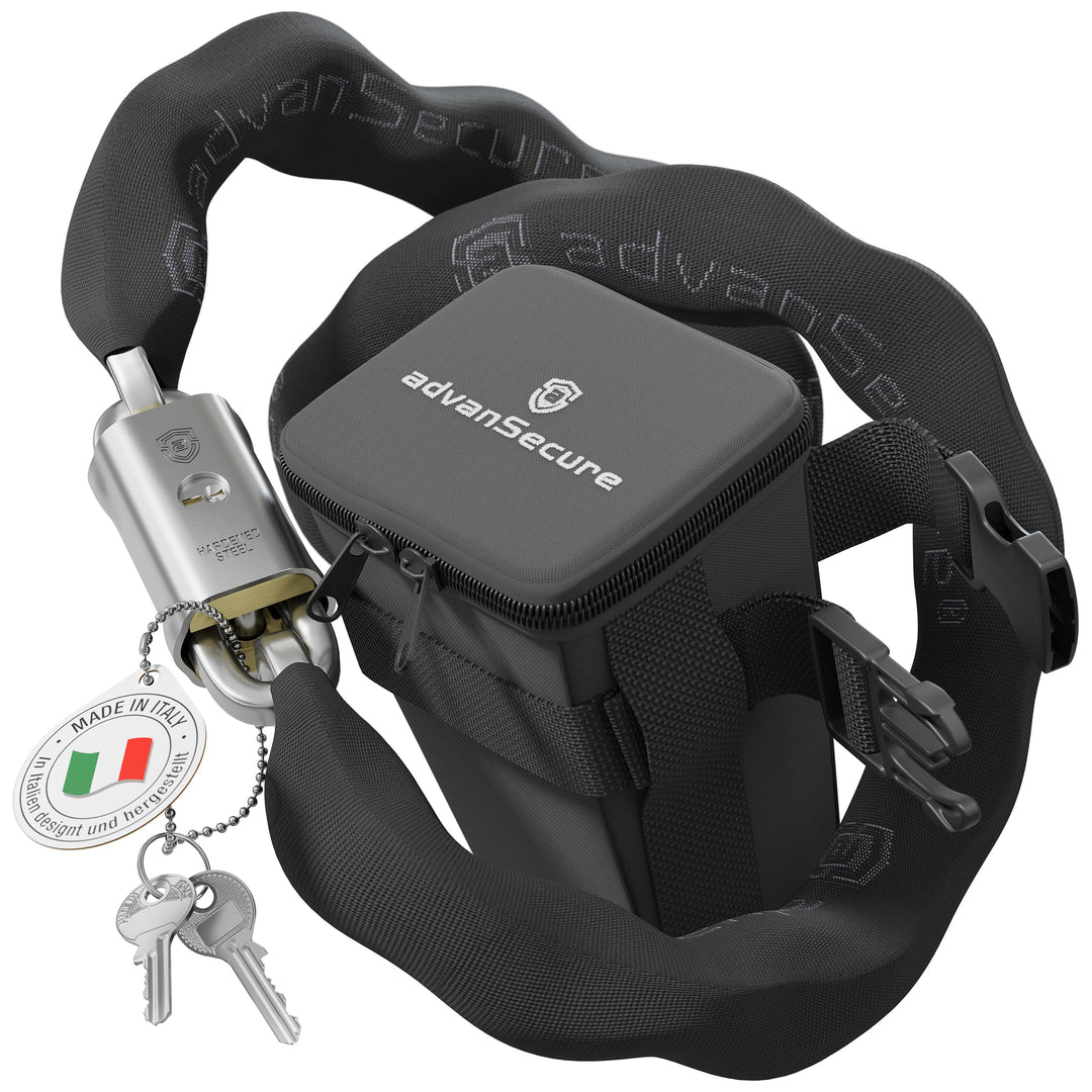 advanSecure® Hochsicherheits-Kettenschloss mit Satteltasche | optimal für E-Bike | max. Sicherheitss