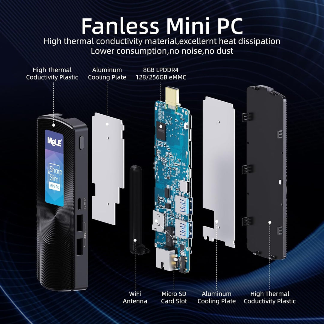 MeLE PCG02 Lüfterloser Mini PC Stick Windows 11 Home Celeron N4000(bis zu 2.6GHz) 4GB LPDDR4 128GB R