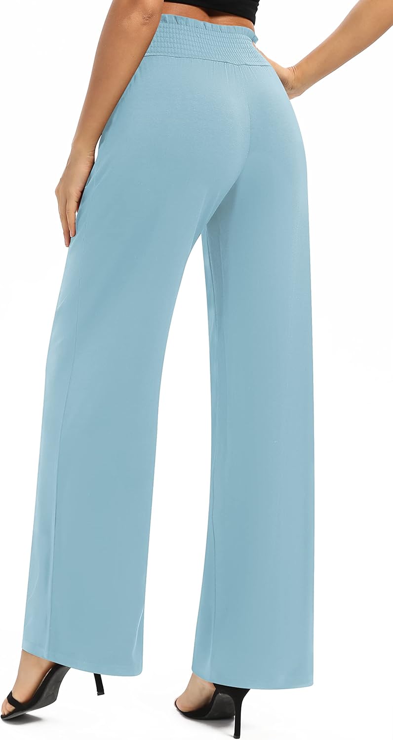 EXCHIC Damen Einfarbig Lose Gerade Geschnitten Palazzo Hose Hohe Taille Dehnbar Lounge Hose mit Tasc