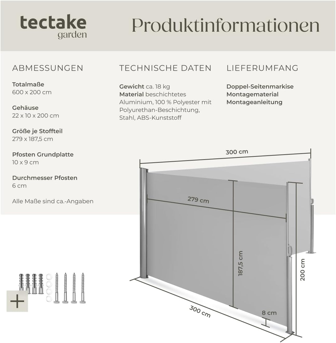 TecTake Doppel- Seitenmarkise Sonnenschutz Sichtschutz Gehäuse und Standpfosten komplett aus Alumini