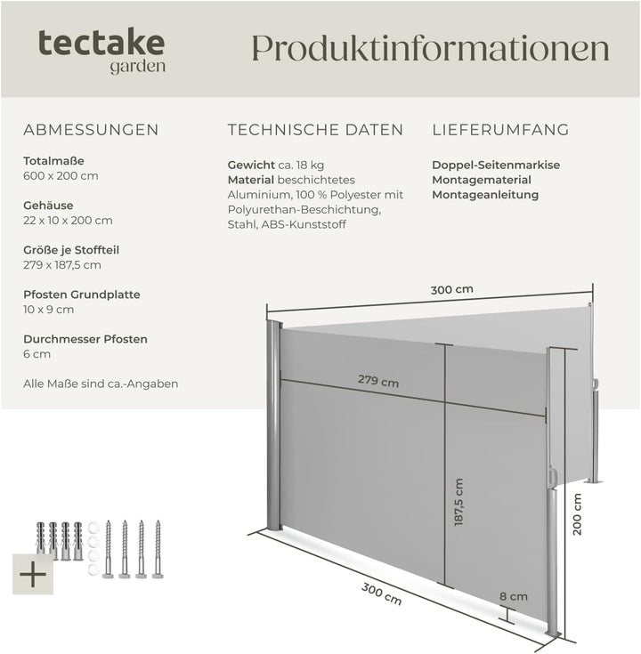 TecTake Doppel- Seitenmarkise Sonnenschutz Sichtschutz Gehäuse und Standpfosten komplett aus Alumini
