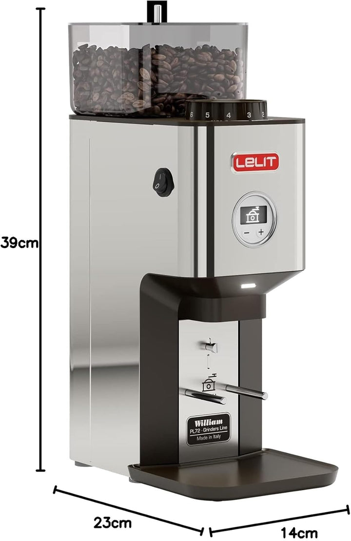 LELIT William PL72-P Kaffeemühle mit flachem Mahlwerk - Mit LCC zur Regulierung der Mahldauer - Silb