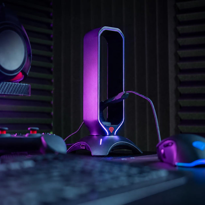Genesis RGB Kopfhörerständer mit Mouse Bungee und USB Hub, Gaming Headset Halter mit 2X USB 2.0, Kab