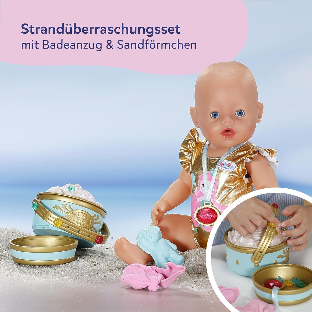 Baby Born Strandüberraschung Set mit Badeanzug im Meerjungfrauen-Print, Sandförmchen, formbarem Sand