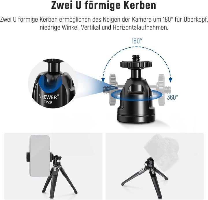 NEEWER Mini Tischstativ aus Metall mit 360° Kugelkopf, unterstützt vertikale Aufnahme und Handgriff,
