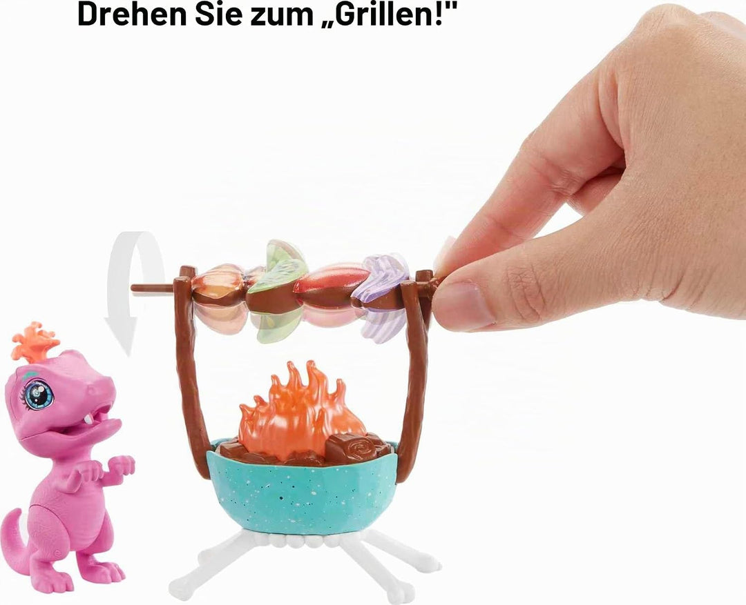 Mattel Cave Club GNL96 - Wilder Grillspass mit Emberly Spielset &amp; Puppe und Zubehörteilen, Reise in
