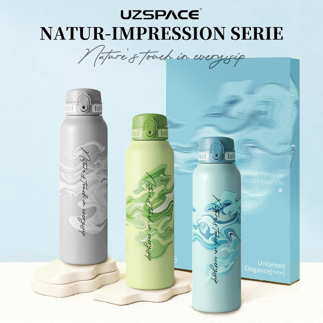 UZSPACE Edelstahl Trinkflasche 1l (970ml), Isolierte Thermosflasche mit 1-Klick-Öffnung, 100% Auslau
