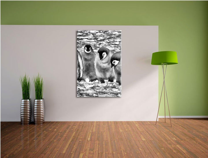 Pixxprint Monocrome, Vier niedliche Kaiserpinguin-Küken, Format: 100x70 auf Leinwand, XXL riesige Bi