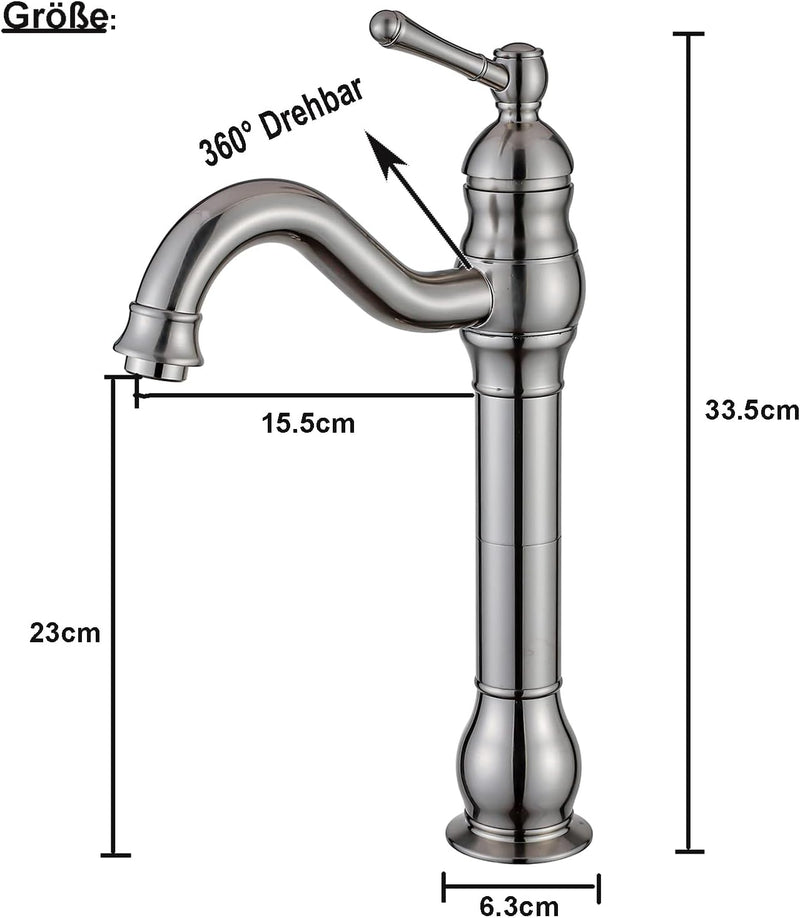 FWZZQ Wasserhahn Bad Hoch Retro, Waschtischarmatur Matt Gebürstet, 360° Drehbar Armatur Waschbecken,