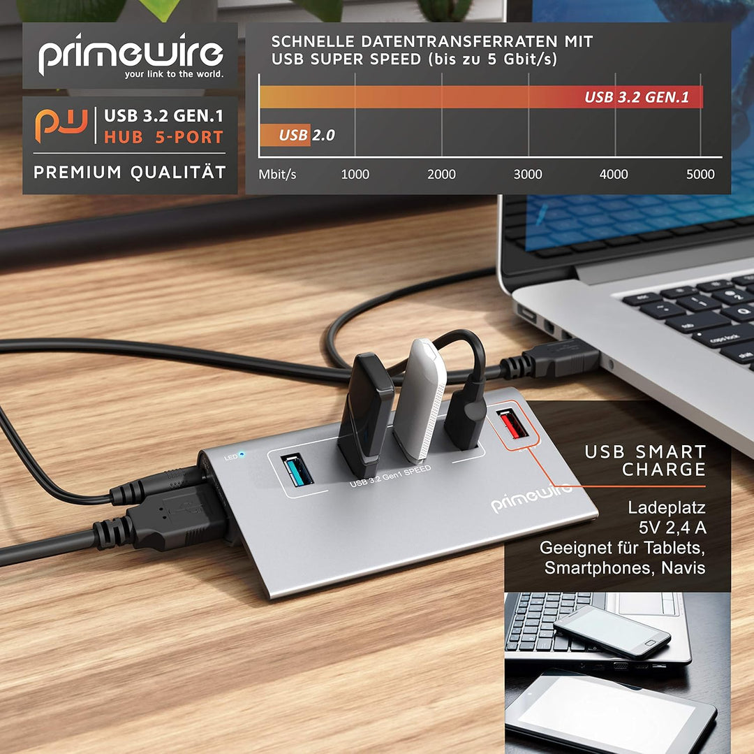CSL - 5 Port USB 3.2 Hub Aktiv mit Netzteil und USB Kabel - USB 3.0 USB 3.2 Gen.1 Datenhub für MacBo