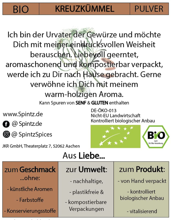 SPINTZ Bio Cumin gemahlen - Cuminpulver in Premium Qualität - Pulver aus Kumin Körner - 100% natürli