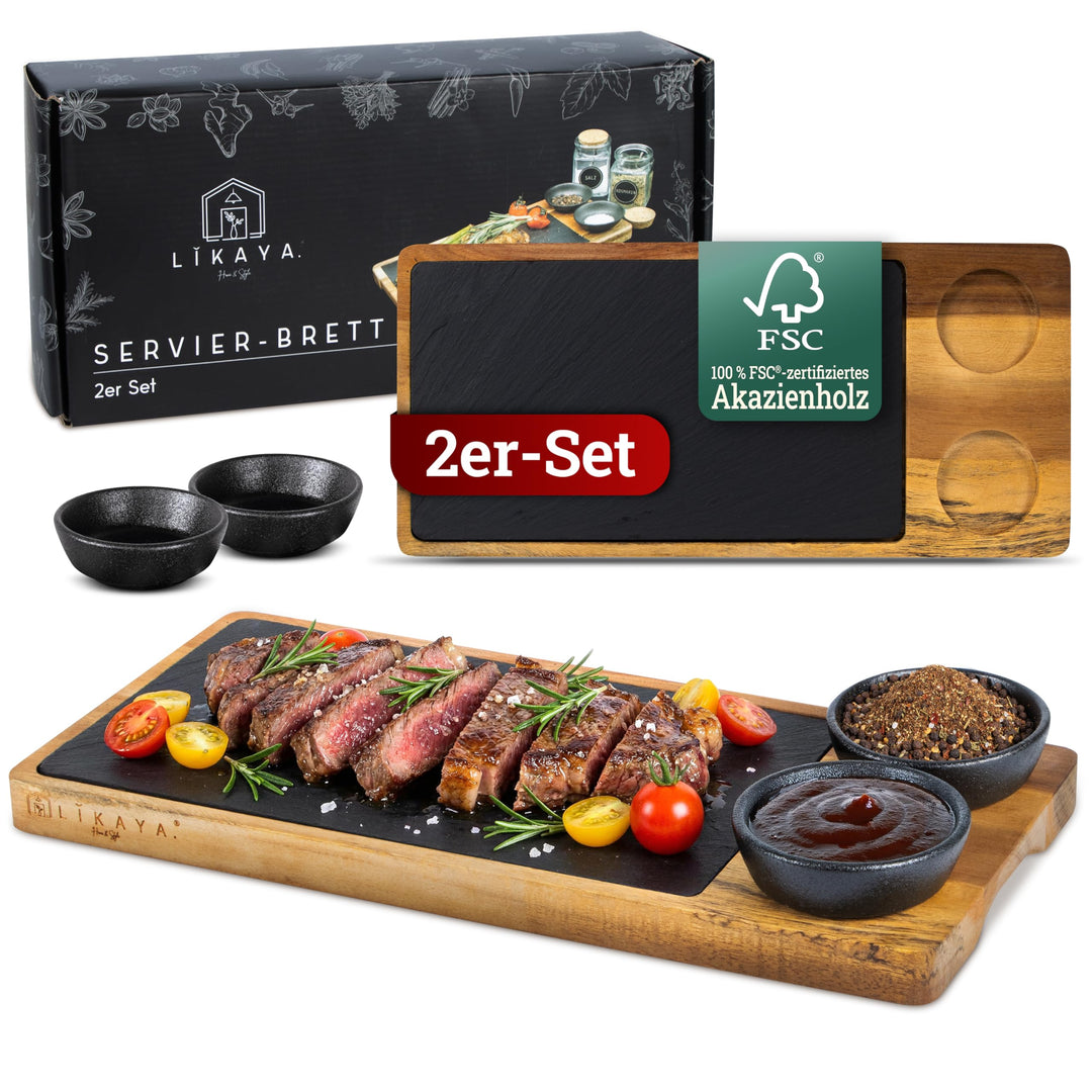 LIKAYA Steak- & Servierbrett 2er-Set aus FSC Akazienholz mit Schieferplatte & Dipschalen – Grillbret
