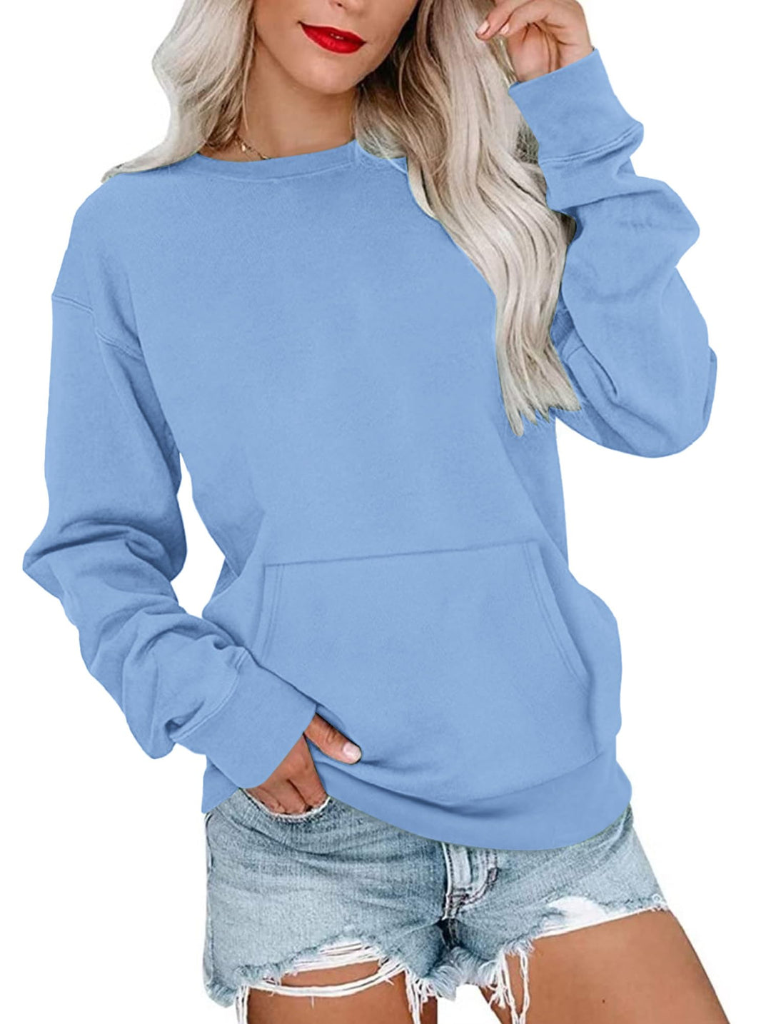 WNEEDU Damen Langarmshirts Lässige Sweatshirts mit Taschen, M