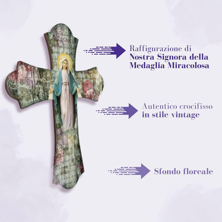 Fratelli Bonella | Vintage-Kreuz aus Holz Religiöse Frau der Medaille 28 x 40 cm | Made in Italy 28x
