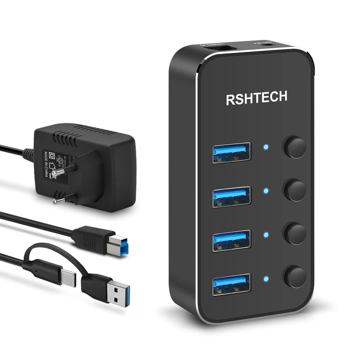 USB Hub Aktiv 3.0 mit Netzteil, RSHTECH USB 3.0 Hub mit 4 Datenports USB 3.0 Port Verteiler mit 100c