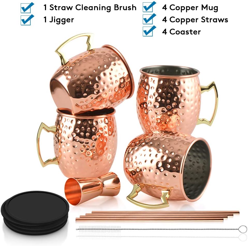Yoassi Moscow Mule Becher, 4er Set Kupferbecher Moscow Mule Mug Kupfer Becher ink. 4 x Silkon Unters