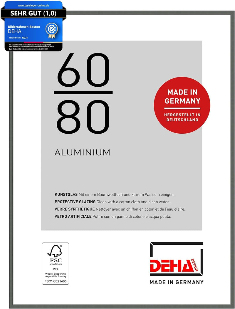 DEHA Design Bilderrahmen Boston, 60x80 cm, Aluminium Contrastgrau, bruchsicheres Acrylglas, für Post