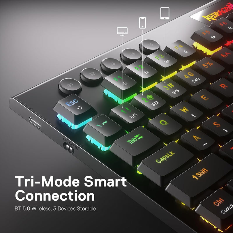 Redragon K618 Horus Mechanische RGB-Tastatur, Bluetooth/2.4ghz/kabelgebundene Tri-Mode Flache Tasten