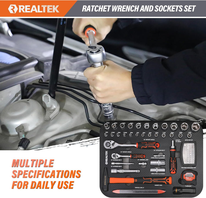 REALTEK Werkzeugkoffer 123 tlg Werkzeug Set mit Trolley-Funktion, Werkzeugkasten mit Ratsche Schraub