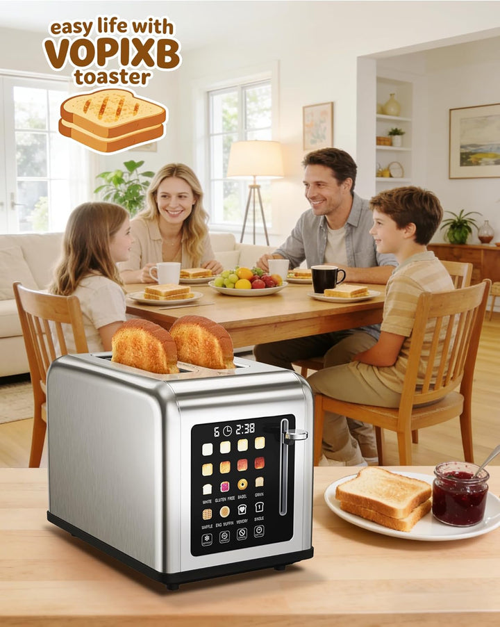 Toaster 2 Scheiben, Edelstahl Langschlitztoaster mit Smart Touchscreen & LED-Countdown, 8 Bräunungss