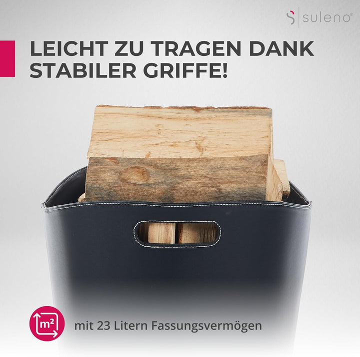 SULENO Holzkorb WEXFORD Brennholzkorb Kunstleder schwarz (L - 31,5 x 39,5 cm)