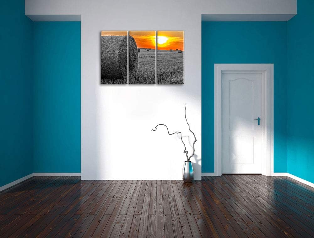 Strohballen auf Feld bei Sonnenuntergang schwarz/weiss 3-Teiler Leinwandbild 120x80 Bild auf Leinwan