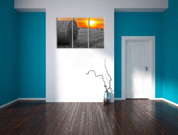 Strohballen auf Feld bei Sonnenuntergang schwarz/weiss 3-Teiler Leinwandbild 120x80 Bild auf Leinwan
