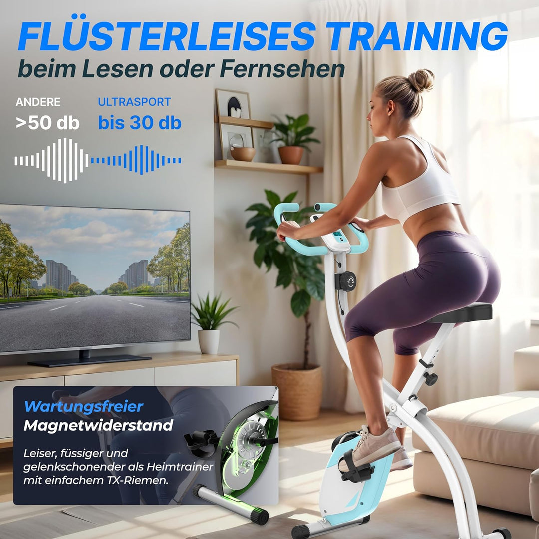Ultrasport F-Bike 150/200, Heimtrainer, 8 Widerstandsstufen, Tablethalterung, Handpulssensoren, falt