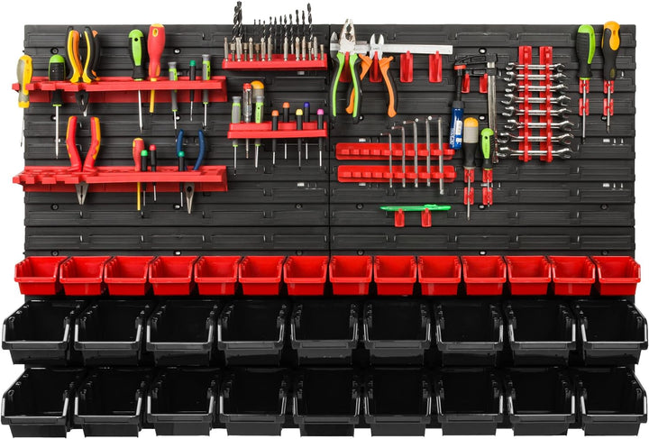 Lagersystem Werkstattregal | 115 x 78 cm | 32 stck. Box | Wandregal mit Werkzeughalterungen und Stap