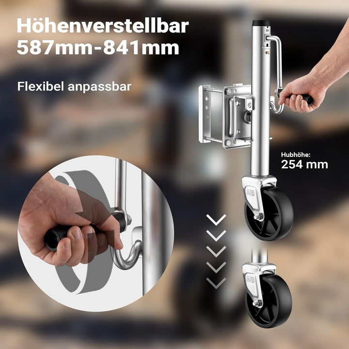 Wiltec Anhänger Stützrad bis 450 kg mit 254 mm Hubhöhe, Anhängerstütze aus verzinktem Stahl, bis 450
