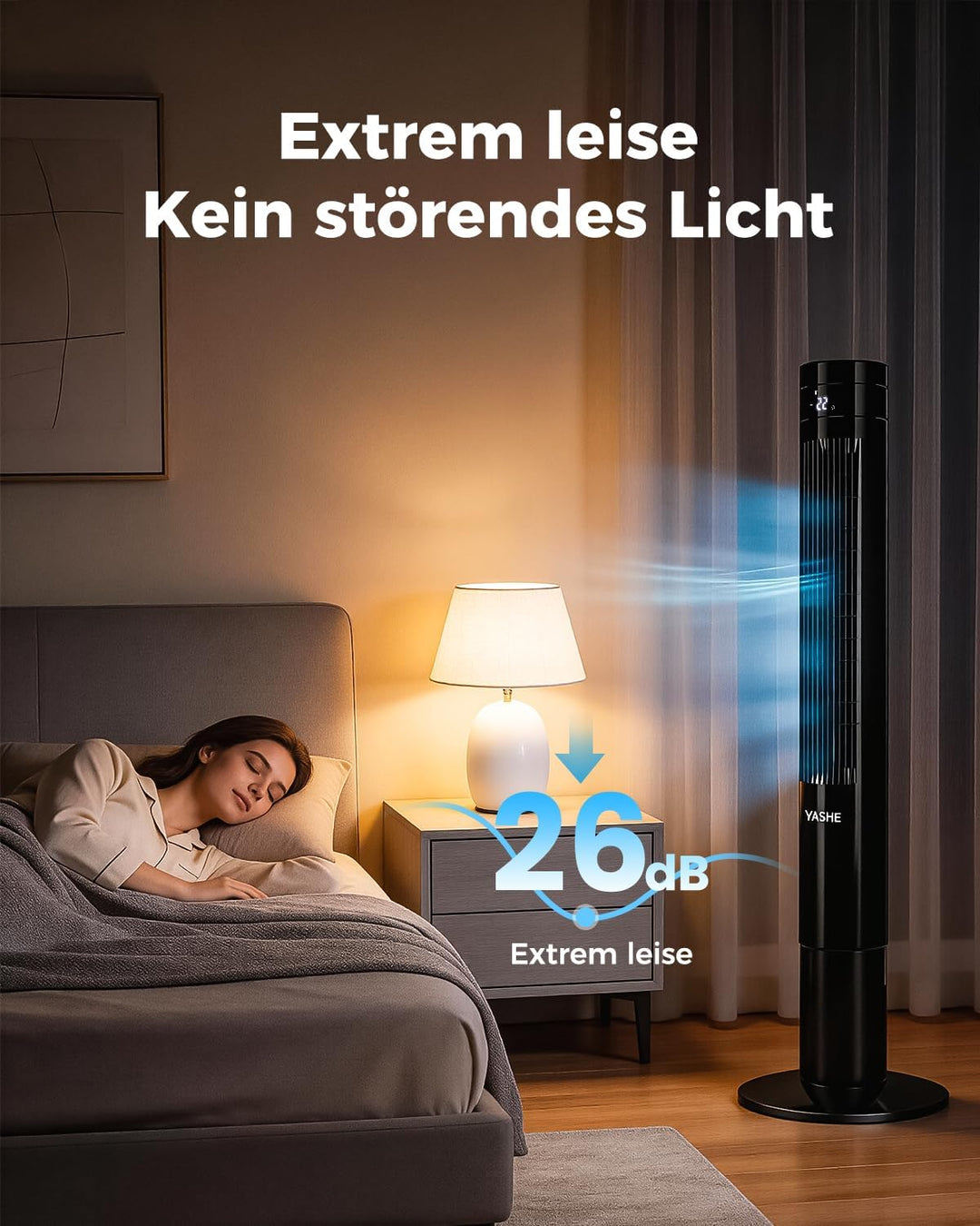YASHE Leiser Turmventilator 110 cm mit Fernbedienung, 28 dB Säulenventilator ohne Flügel, 85° Oszill