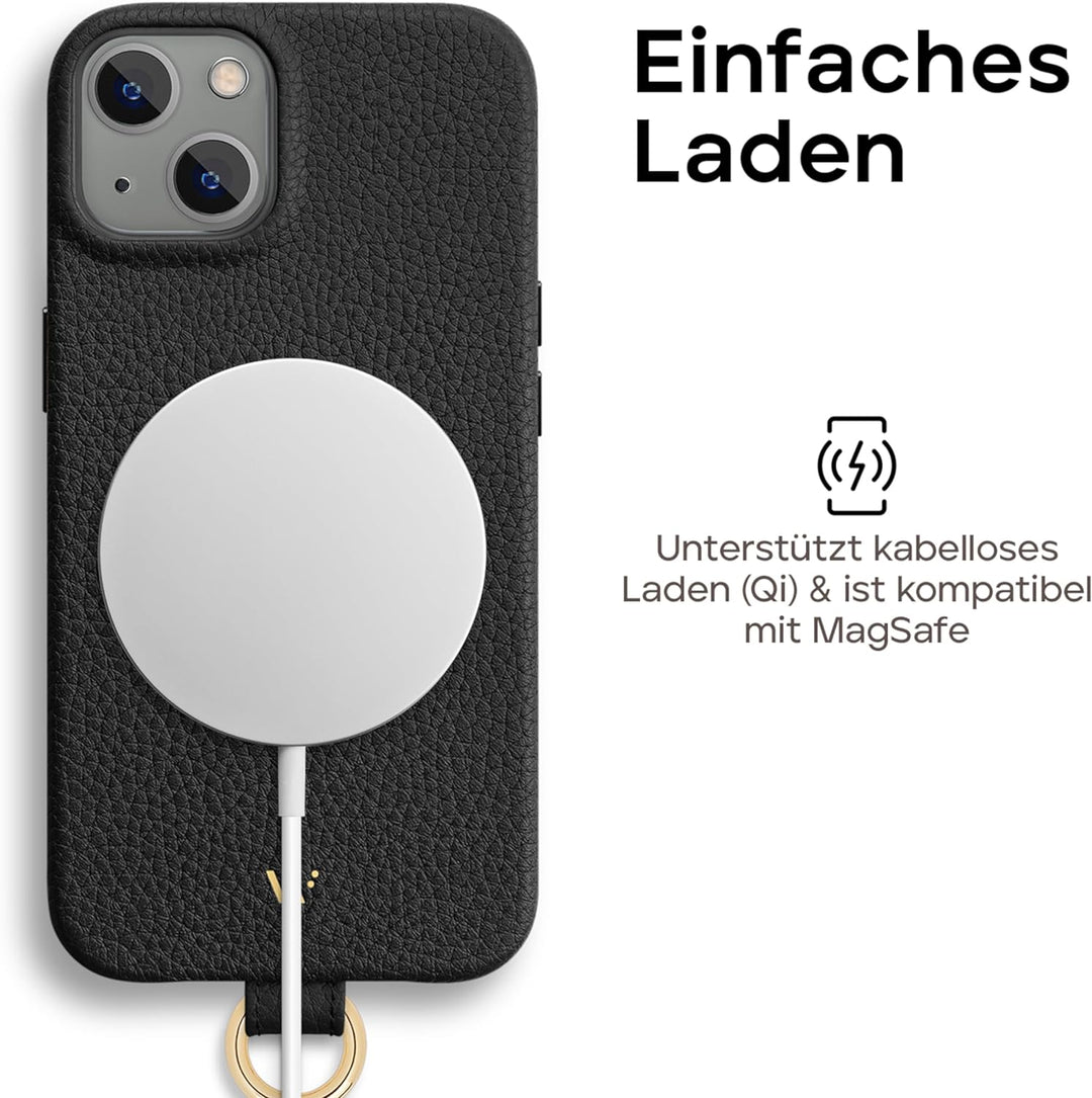 WIIUKA Hülle für iPhone 14, Leder aus Deutschland, Lederhülle Handykette, Premium Handyhülle, Case,