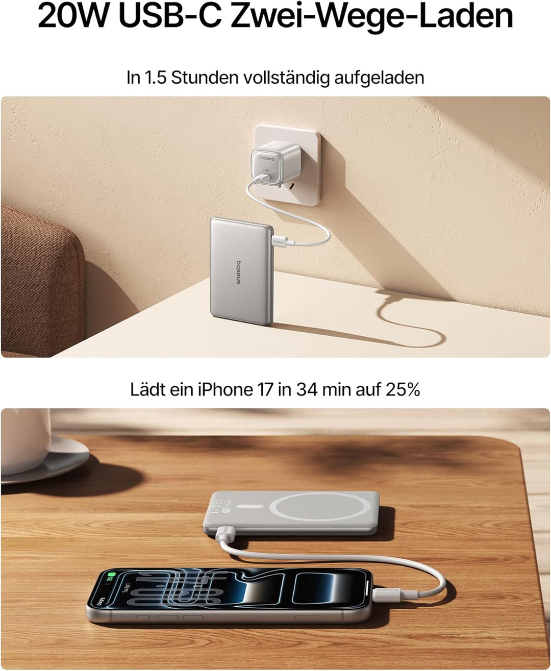 Baseus Picogo AM31 Mini MagSafe Powerbank, Slim 20W Schnellladen 5000mAh Magnetische Powerbank, Wire