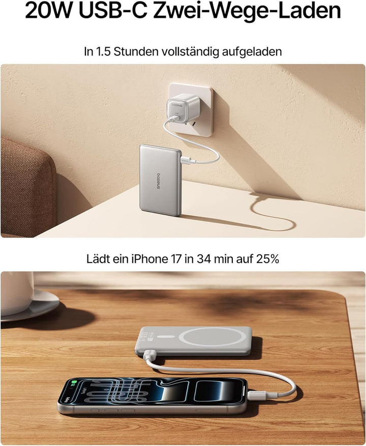 Baseus Picogo AM31 Mini MagSafe Powerbank, Slim 20W Schnellladen 5000mAh Magnetische Powerbank, Wire