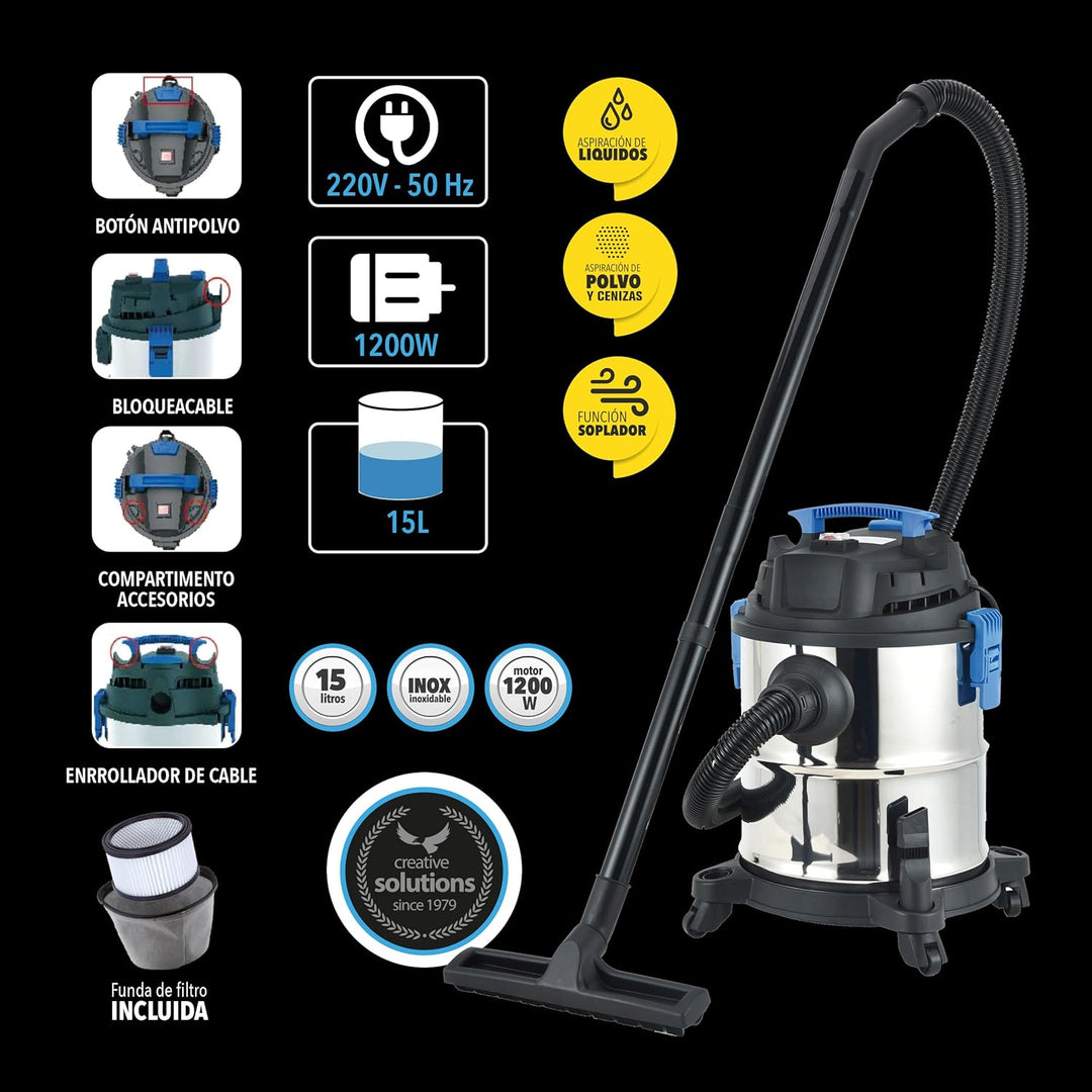 Bikain DIPL15L, Nass Aschesauger-1200W Hohe Leistung-Gebläsefunktion-15 Liter-Wasser-und Trockensaug