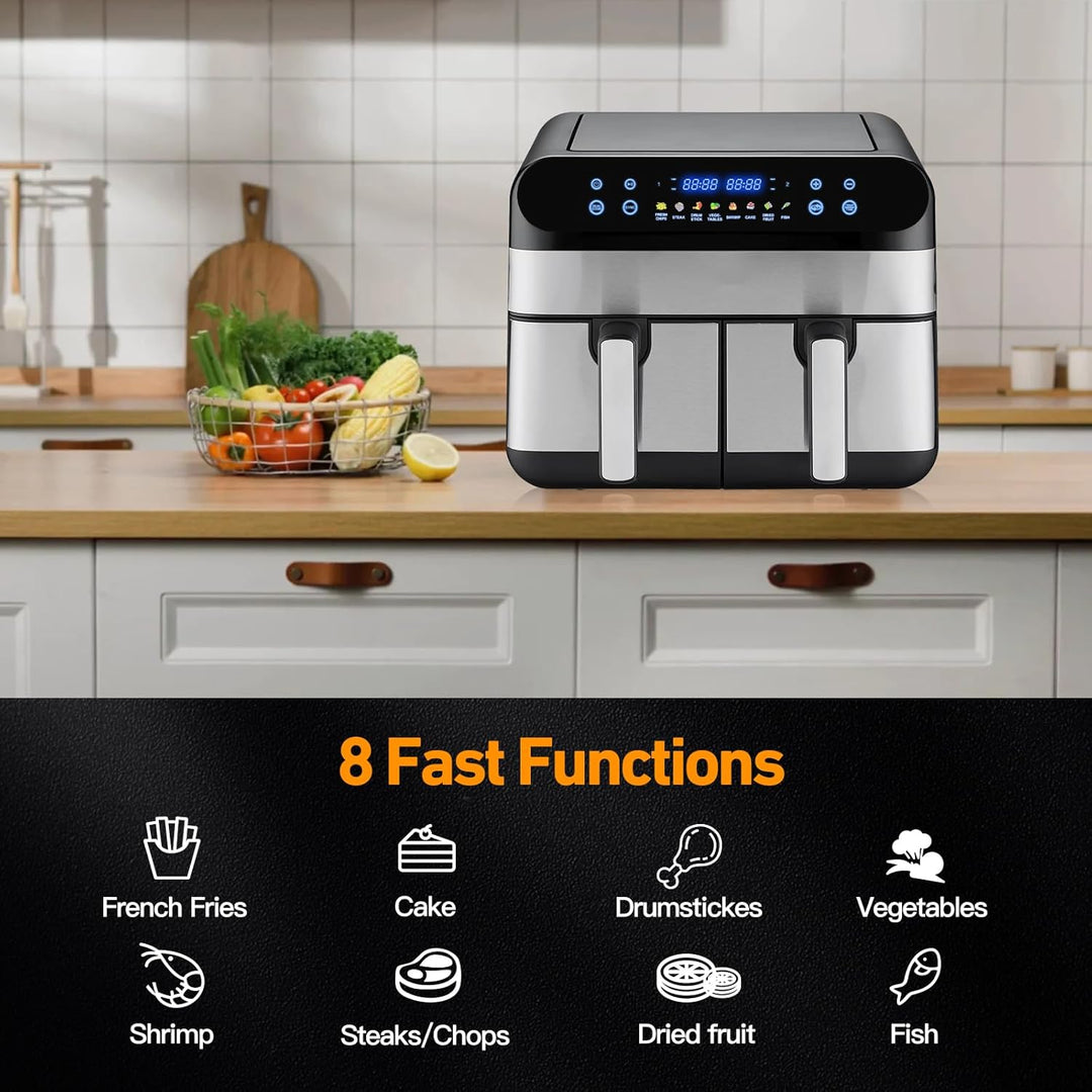 Panana Dual Zone Heissluftfritteuse mit Sichtfenster, Friteuse sans Huile avec 2 Tiroir, 9L XL Airfr