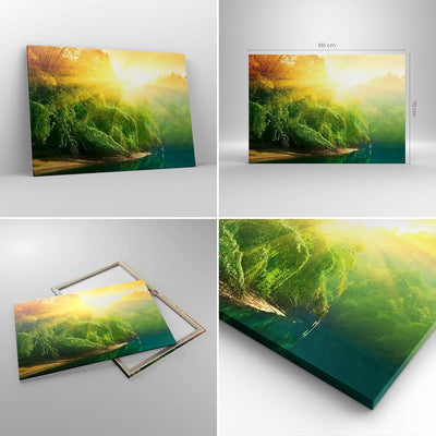 Bilder auf Leinwand 100x70cm Leinwandbild mit Rahmen Tropen Bäume Fluss Gross Wanddeko Bild Schlafzi