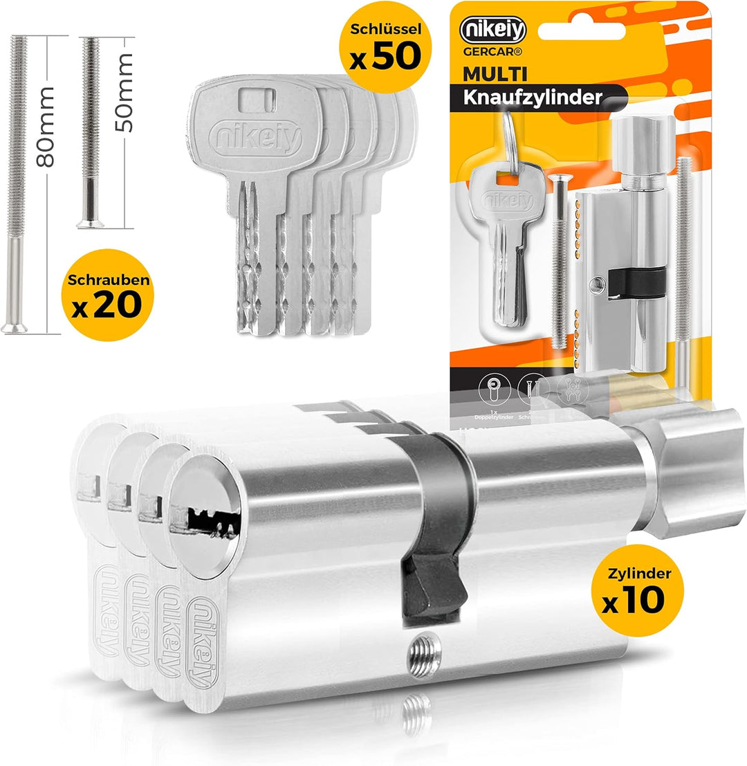GERCAR 10x Knaufzylinder gleichschliessend 10 Schliesszylinder 40/40 inkl. 50 Schlüssel - 80 mm - Tü