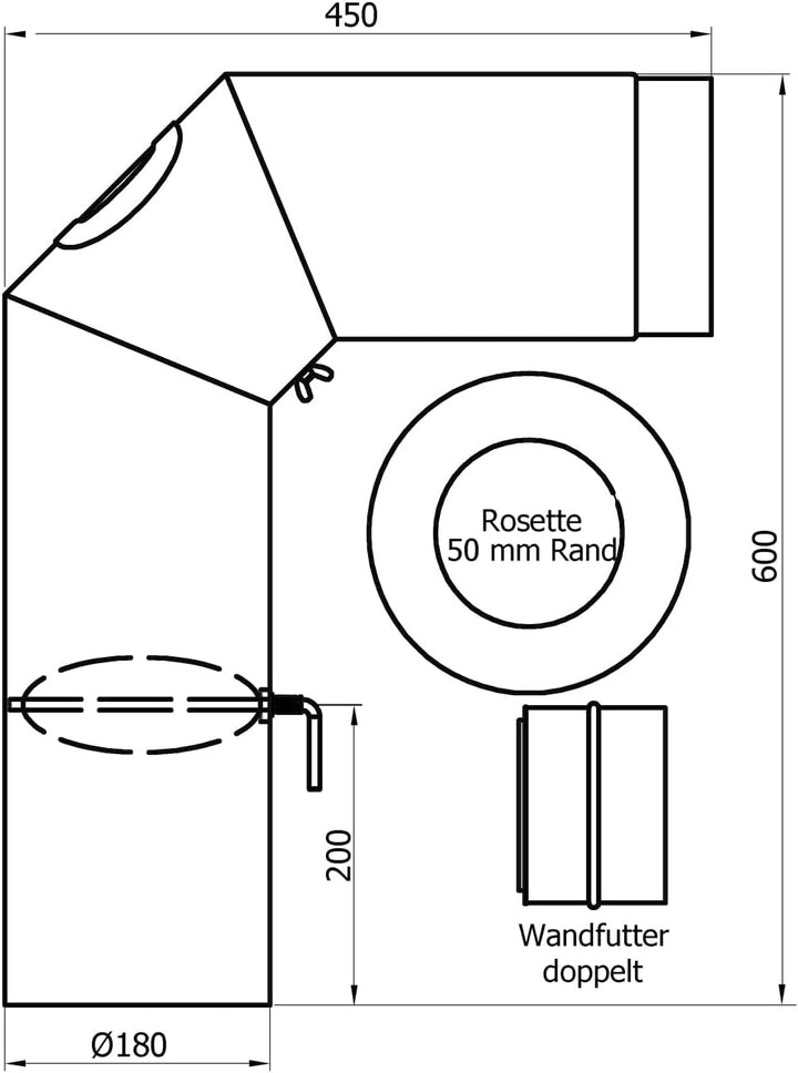 raik Rauchrohr/Ofenrohr-Set 180 mm Durchmesser inkl. Rohrbogen 90° 3-teilig Wandrosette Doppelwandfu