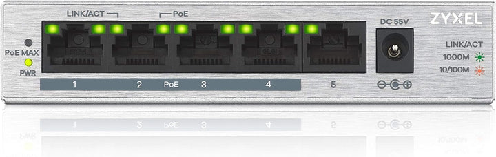 Zyxel Gigabit Unmanaged PoE+ Switch mit 5 Ports (davon 4 mit PoE) und einem PoE-Budget von 60 Watt,