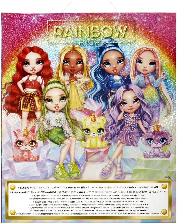 Rainbow High Modepuppe mit Schleim & Haustier - Sunny (Gelb) - 28 cm Schimmernde Puppe mit Glitzersc