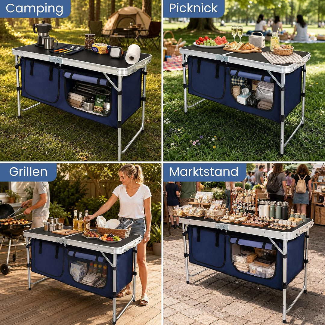 Campingküche faltbar, Leicht Campingschrank mit Aluminiumgestell, Campingtisch Klappbar mit Staufach