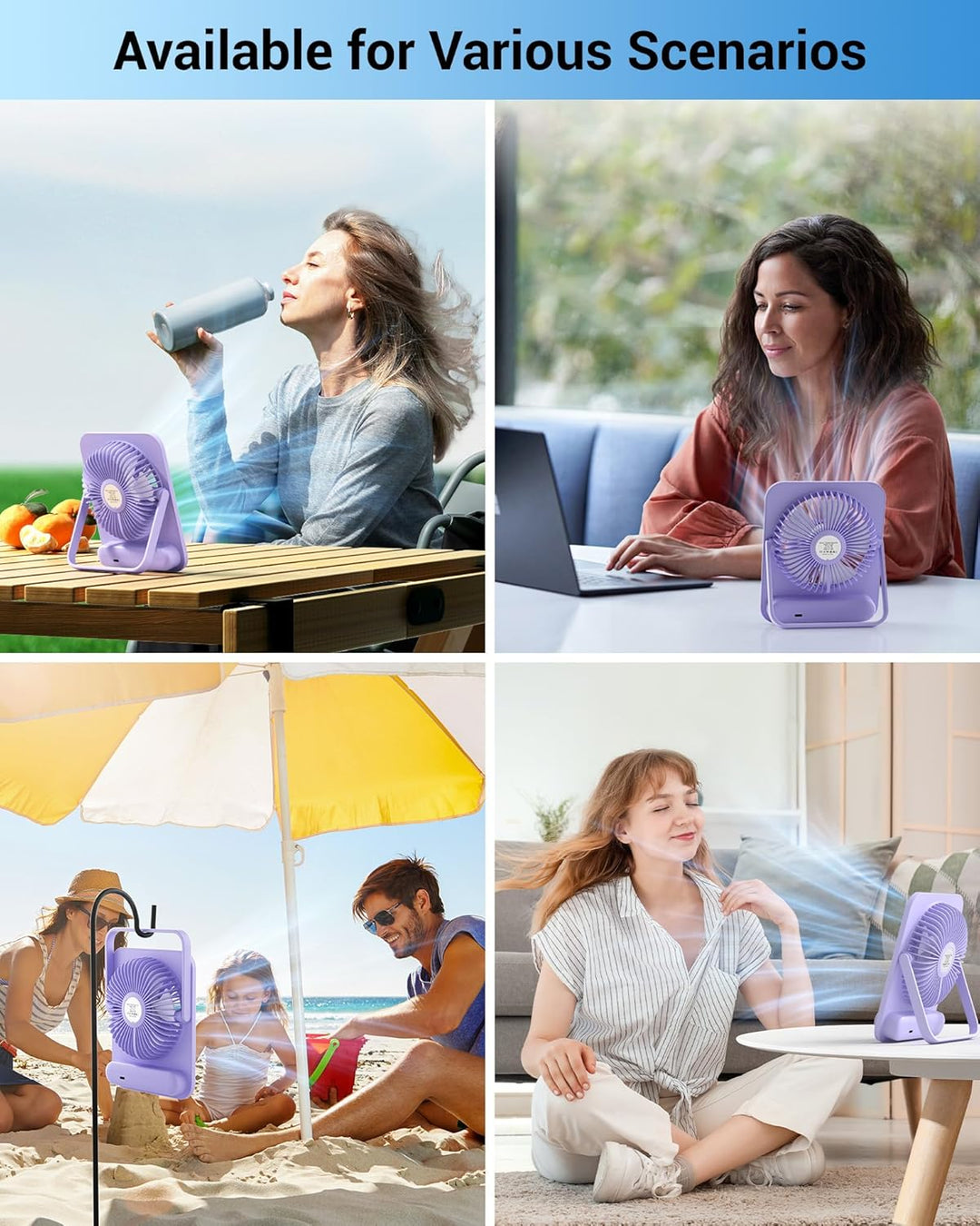 WHATOOK Leiser USB-Tischventilator: Stufenlos 1-100 Regler, 2000mAh Akku Tragbarer Lüfter mit LED-An