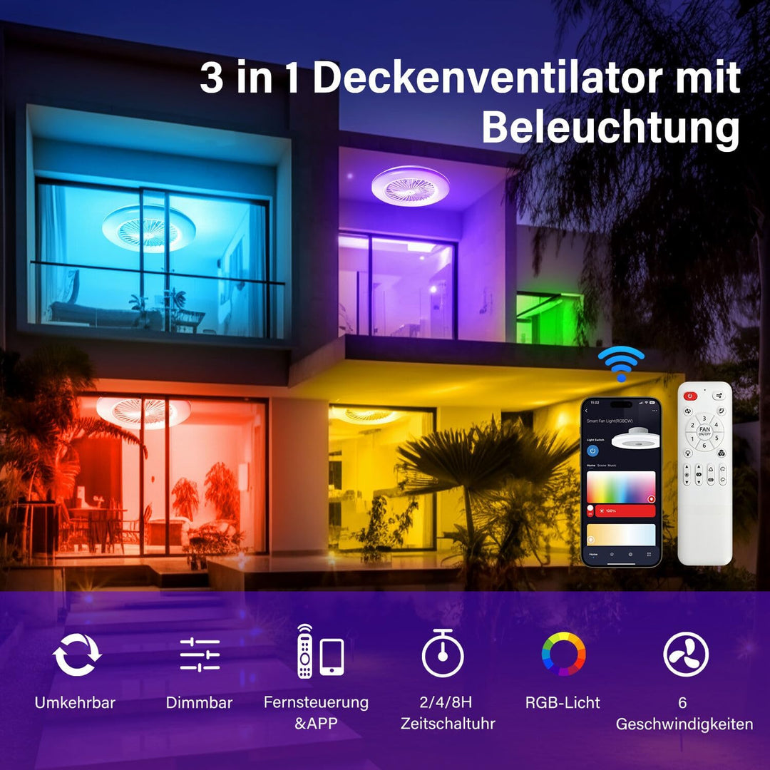 Deckenventilator Mit Beleuchtung, Smart RGB LED Fan Licht, φ50cm Deckenleuchte mit Ventilator, dimmb