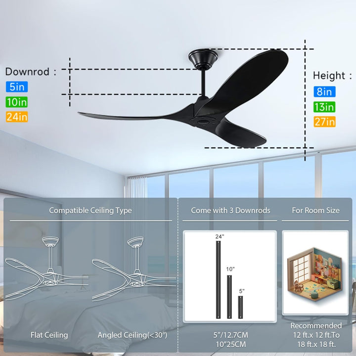 XSGDMN Schwarzer Deckenventilator ohne Beleuchtung, Deckenventilator aus Holz mit Fernbedienung, DC-